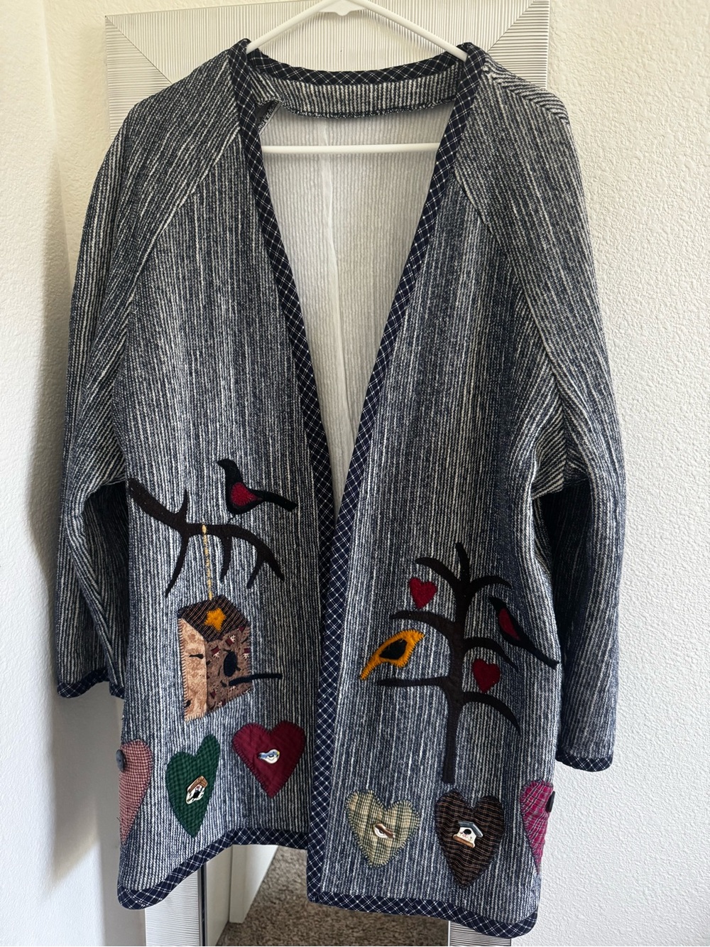 Cottage Embroidered Heart & Bird Open Cardigan Coat  - Gray